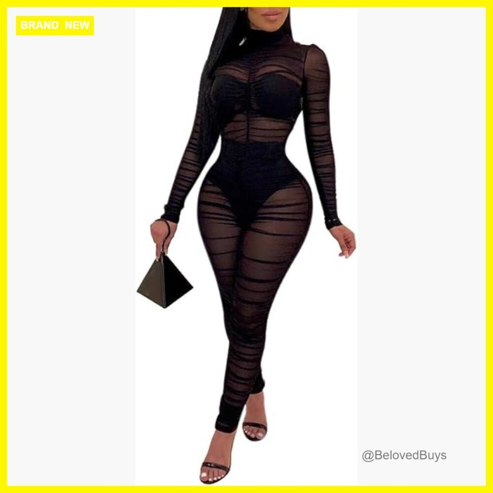 Mesh Sheer Bodycon Jumpsuit Long Sleeve Party Club Outfit